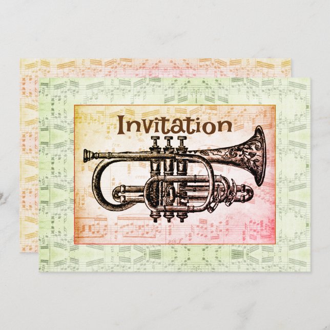 Invitación Trumpet Y Notas De Música (Anverso / Reverso)