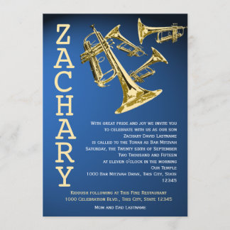 Invitación Trumpets Music Blue Gold Bar Mitzvah