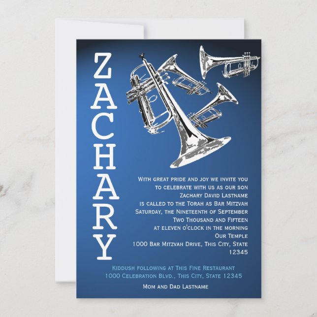Invitación Trumpets Music Dark Blue Bar Mitzvah (Anverso)