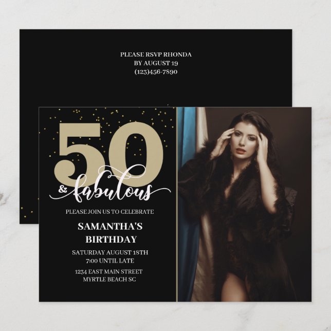 Invitación Tu foto Black Gold 50 Fabulosa fiesta de cumpleaño (Anverso / Reverso)