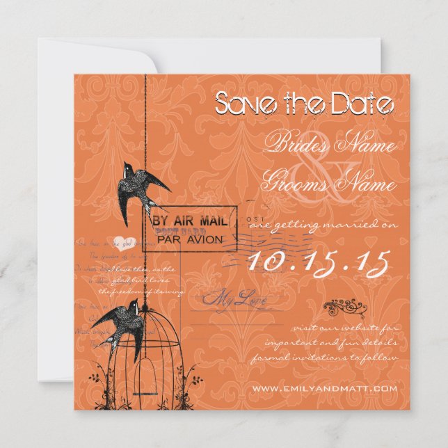 Invitación Tu foto Damask Bird Cage Wedding Save the Date (Anverso)