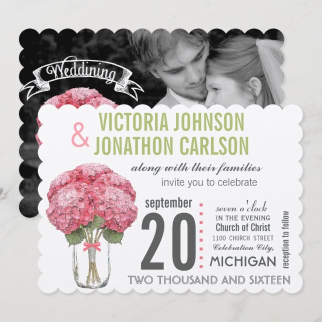 Invitación Tu foto de atrás Hydrangea en Mason Jar (Anverso / Reverso)