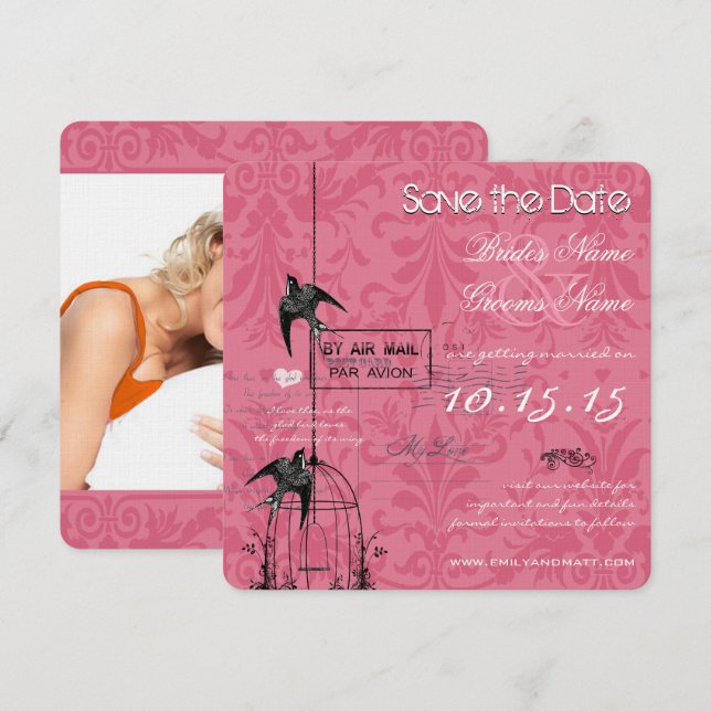 Invitación Tu Foto Jaula de Pájaro de Damasco Boda Guardar la (Anverso / Reverso)