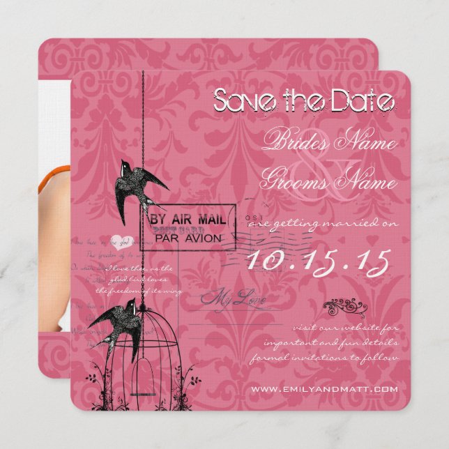 Invitación Tu Foto Jaula de Pájaro de Damasco Boda Save the D (Anverso / Reverso)