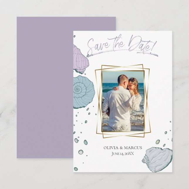 Invitación Tu foto moderna Seashells Lilac Dusty Blue (Anverso / Reverso)