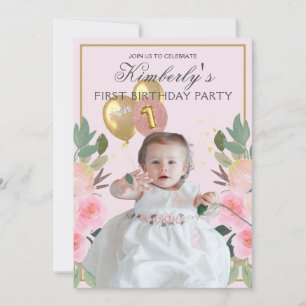 Invitación Tu foto Pretty in Pink personalizada niña primer c