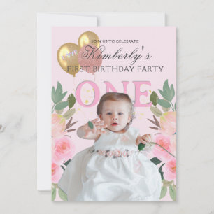 Invitación Tu foto Pretty in Pink personalizada niña primer c