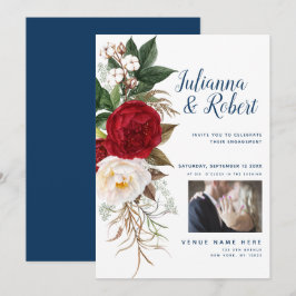 Invitación Tu foto Watercolor Floral Navy Borgoña