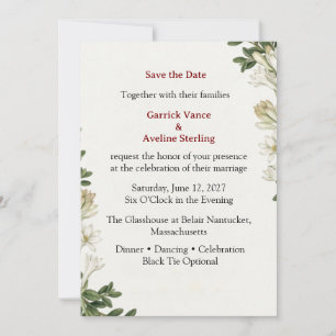 Invitación Tuberosa Blanca, Follaje de Boj, Arte de Línea Bot