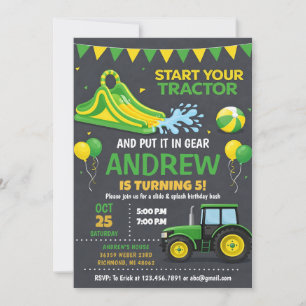 Invitación Tubo de agua para cumpleaños de tractor moderno pe