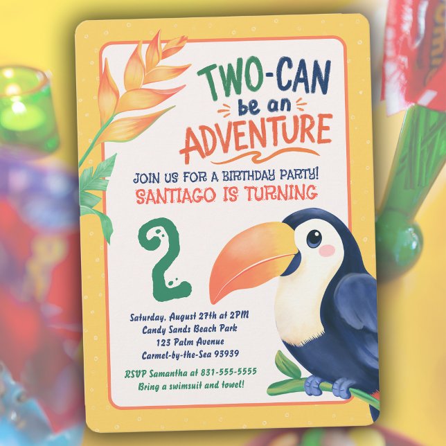 Invitación Tucán Tropical Cumpleaños Verano Animal 2do (Toucan be an adventure! Cute tropical 2nd birthday cards with a jungle animal theme and warm colors.)