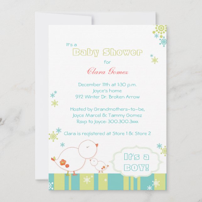 Invitación Tuitear en invierno con los pájaros bebé (Anverso)