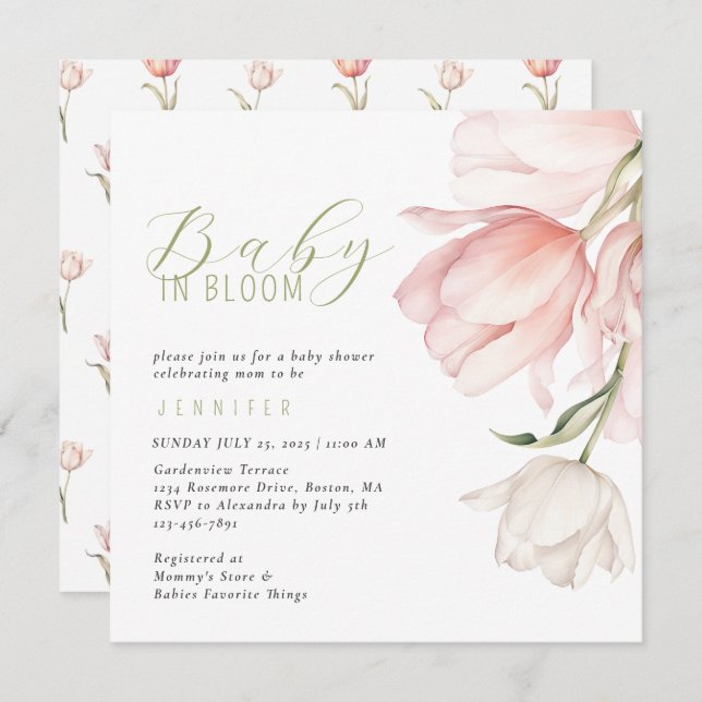 Invitación Tulip Baby Shower de acuarela moderna (Anverso / Reverso)