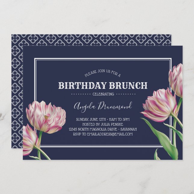 Invitación Tulip Flower Birday Brunch Blue (Anverso / Reverso)