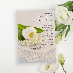 Invitación Tulipán blanco, perlas y anillos Boda