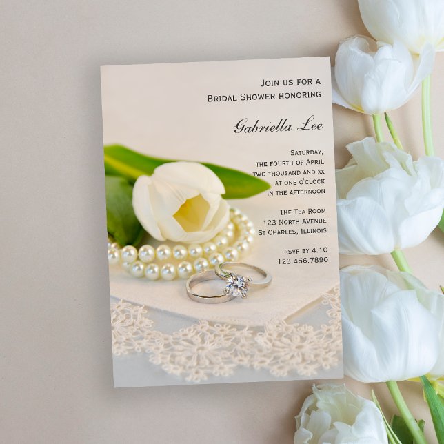 Invitación Tulipán blanco, perlas y anillos ducha de novia (Subido por el creador)