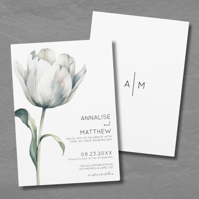 Invitación Tulipán de primavera elegante Boda floral blanco m (Spring Tulip Elegant Modern White Floral Wedding Invitation)