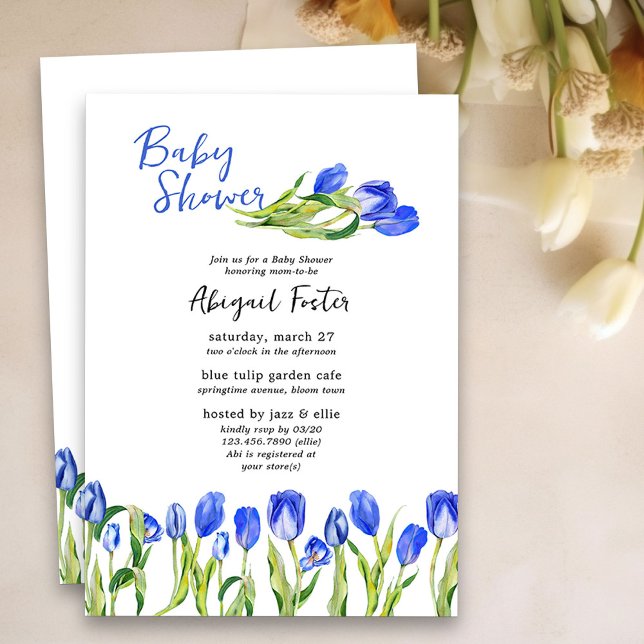 Invitación Tulipán de primavera florido azul Baby Shower (Spring Baby Shower Invitation with blue tulips)