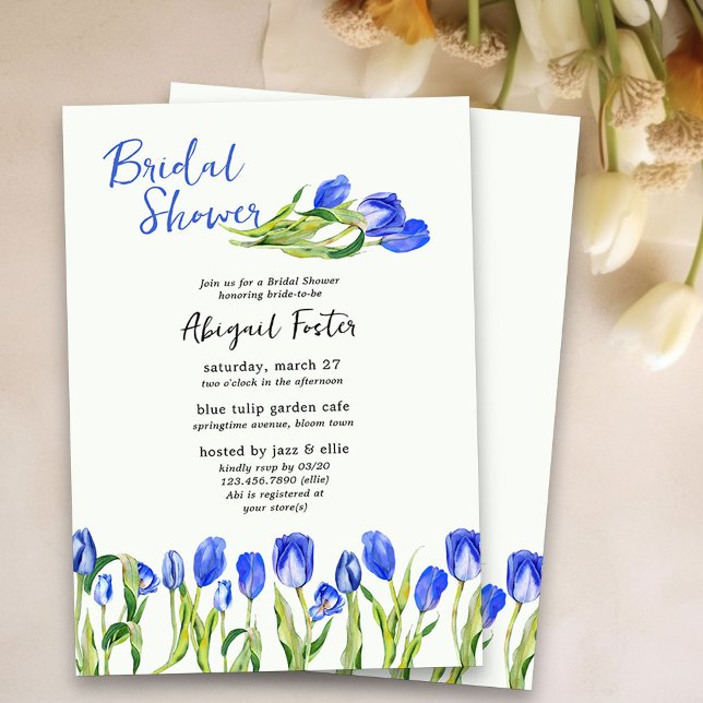 Invitación Tulipán de primavera florido azul ducha de novia (Tulip Bridal Shower Invitation - perfect for spring or easter bridal shower)
