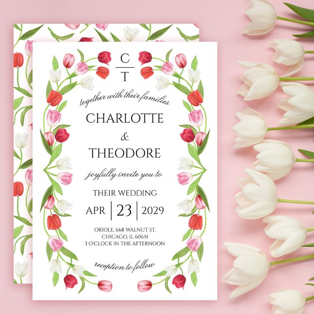 Invitación Tulipán de primavera romántica Boda rosa y blanco  (Romantic Spring Tulip Floral Pink & White Wedding Invitation)