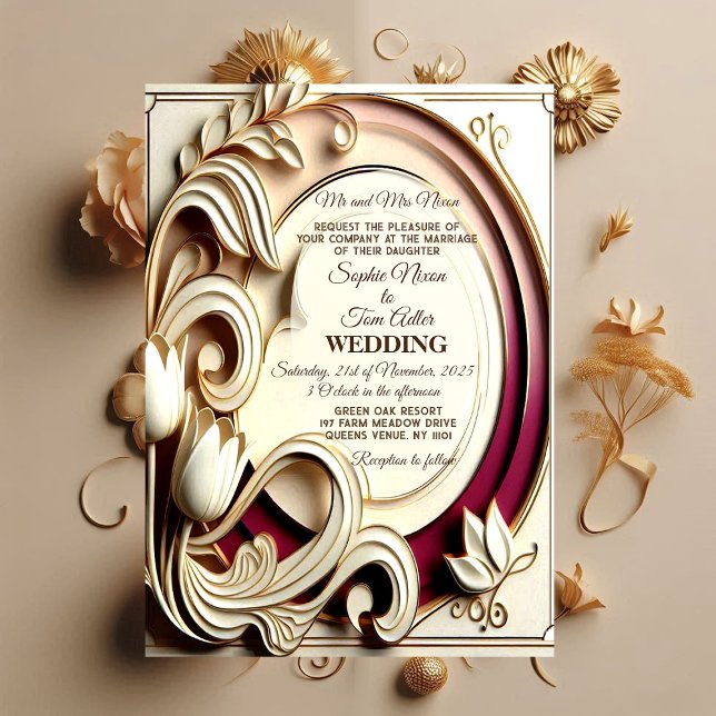 Invitación Tulipán de seda barroco grandioso boda falsa dorad (Mulberry Tulip Baroque Grandeur Gold Faux Wedding Invitation)
