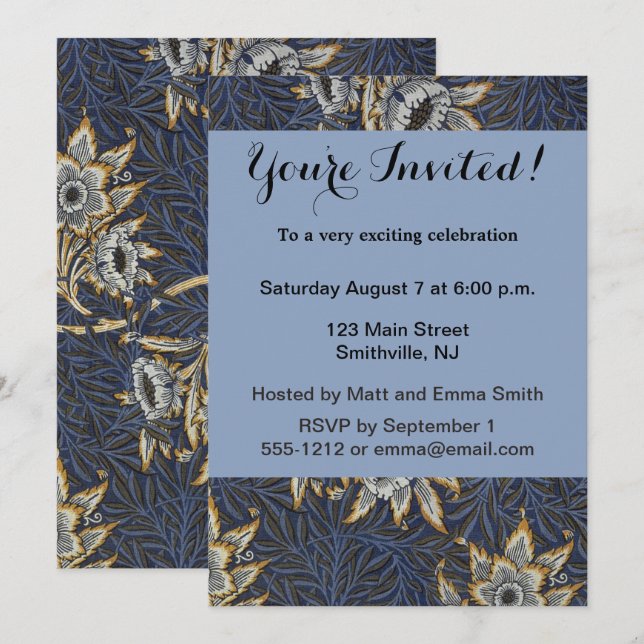 Invitación Tulipán de William Morris con patrón de sauce azul (Anverso / Reverso)