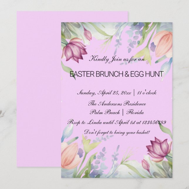 Invitación Tulipán Floral Brunch de Pascua y Huevos (Anverso / Reverso)