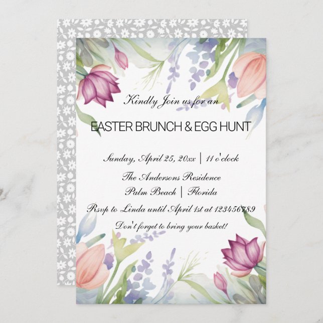 Invitación Tulipán Floral Brunch de Pascua y Huevos (Anverso / Reverso)