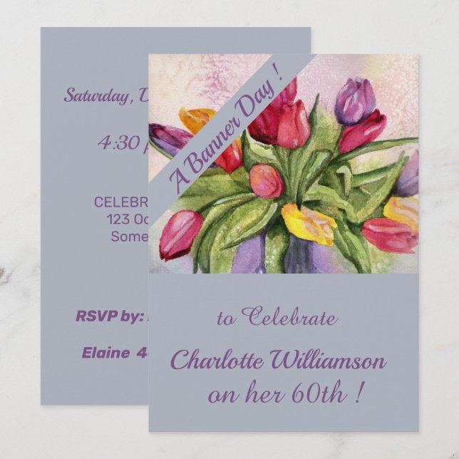 Invitación Tulipán multicolor acuarela Cumpleaños Floral (Anverso / Reverso)