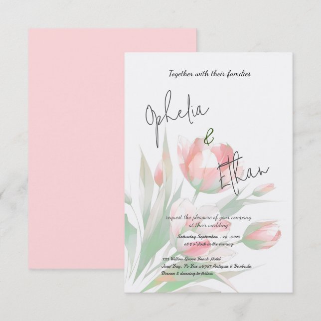 Invitación Tulipán rosa Minimalista (Anverso / Reverso)