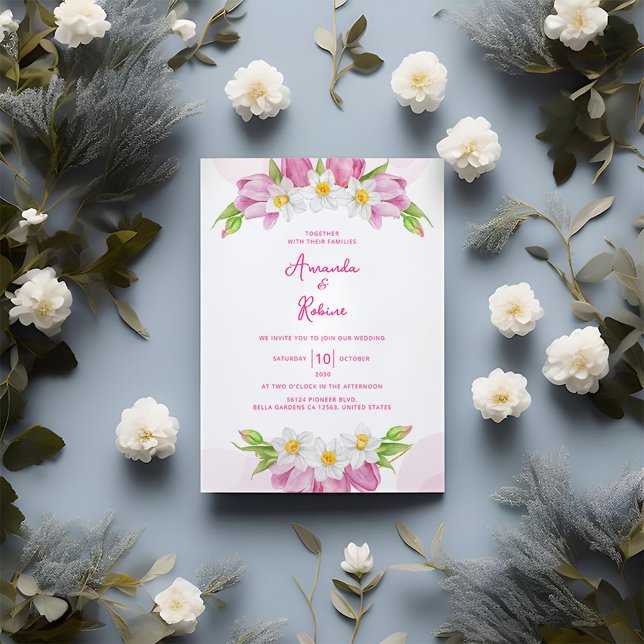Invitación Tulipán rosa moderno y Boda floral de Narciso (Subido por el creador)