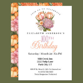 Invitación Tulipán Rosa y Naranja Bonito Cumpleaños 100