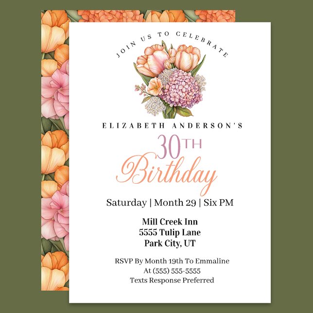 Invitación Tulipán Rosa y Naranja Bonito Cumpleaños 30 (Subido por el creador)