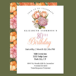 Invitación Tulipán Rosa y Naranja Bonito Cumpleaños 80