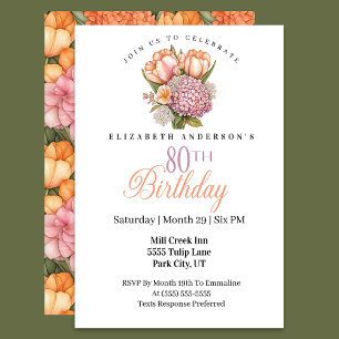 Invitación Tulipán Rosa y Naranja Bonito Cumpleaños 80