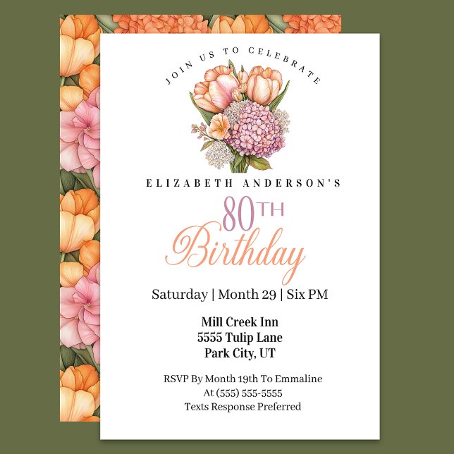 Invitación Tulipán Rosa y Naranja Bonito Cumpleaños 80 (Subido por el creador)
