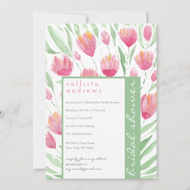 Invitación Tulipán verde rosa Floral acuática ducha de novia (Anverso)