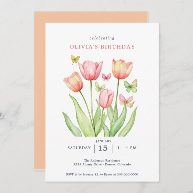 Invitación Tulipanes Acuarela Peachy Floral  (Anverso / Reverso)