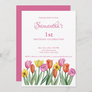 Invitación Tulipanes acuarelas 1º cumpleaños