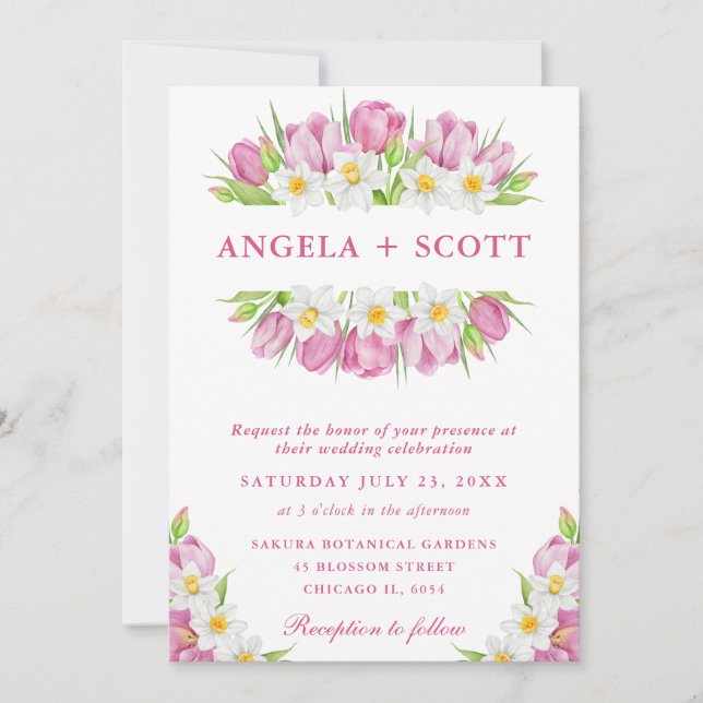 Invitación Tulipanes acuarelas y Bodas de Daffodils (Anverso)