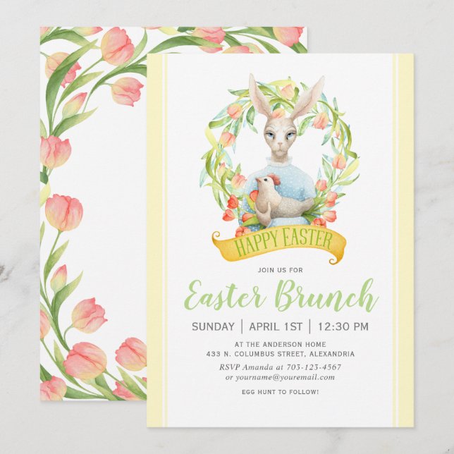 Invitación Tulipanes acuarelas y Brunch de Pascua de Conejo (Anverso / Reverso)