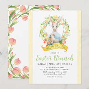Invitación Tulipanes acuarelas y Brunch de Pascua de Conejo