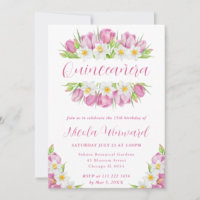 Invitación Tulipanes acuarelas y Daffodias Marco Quinceanera (Anverso)