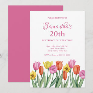 Invitación Tulipanes al aguarela 20 cumpleaños 