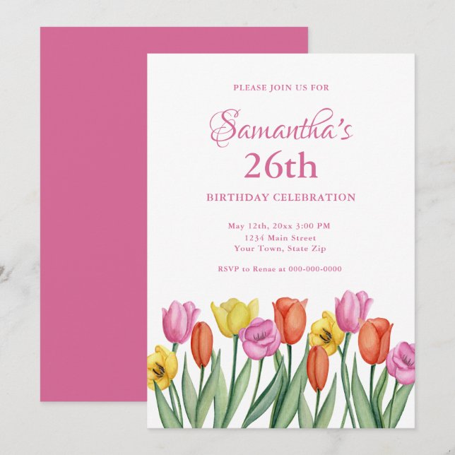Invitación Tulipanes al aguarela para 26 cumpleaños  (Anverso / Reverso)