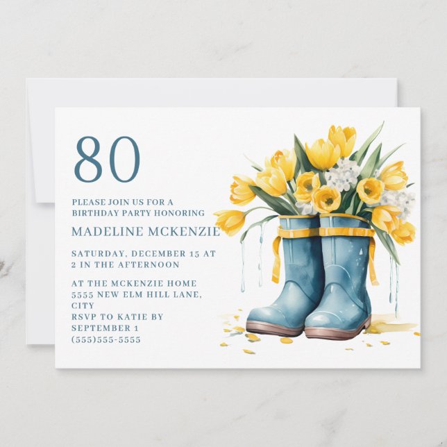 Invitación Tulipanes amarillos Blue Rainbots 80 cumpleaños (Anverso)