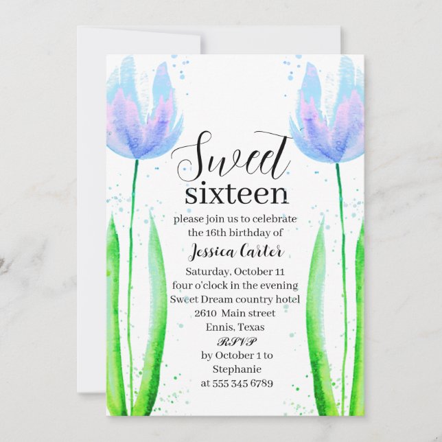 Invitación Tulipanes Azules Dulce Floral 16 Dieciséis (Anverso)