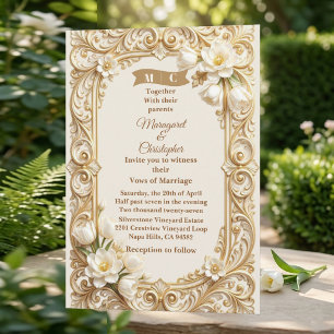 Invitación Tulipanes Blancos de Lujo Barroco Flores Doradas B
