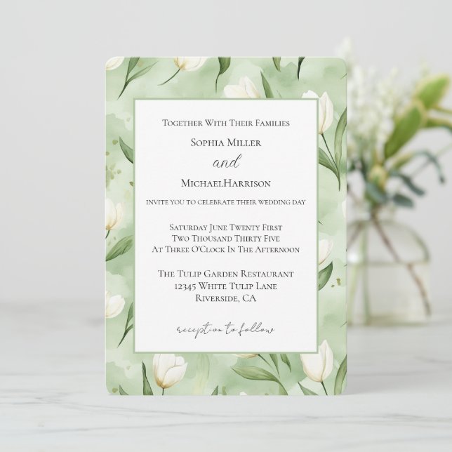 Invitación Tulipanes Blancos Verdes Bonitos Boda (Anverso de pie)