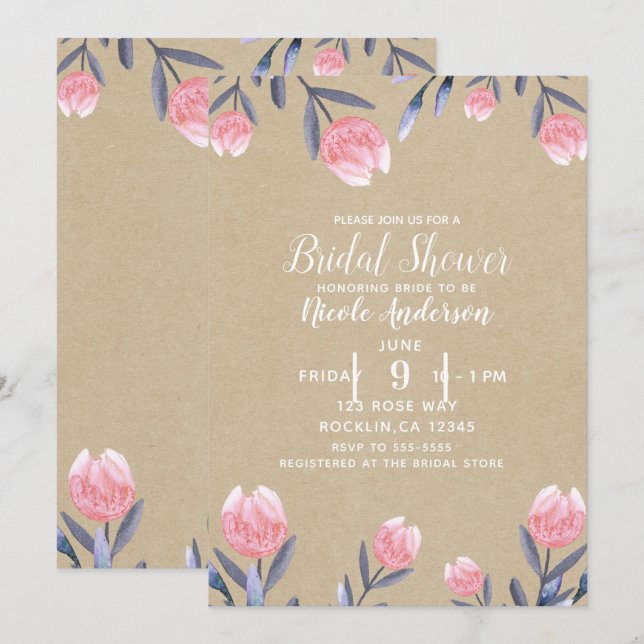 Invitación Tulipanes de Acuarela de Durazno para Bridal Showe (Anverso / Reverso)